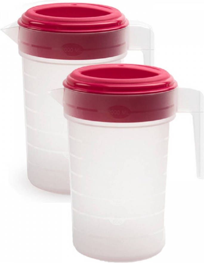 Forte Plastics 2x Stuks Waterkan/sapkan Transparant/roze Met Deksel 2 Liter Kunststof Schenkkannen