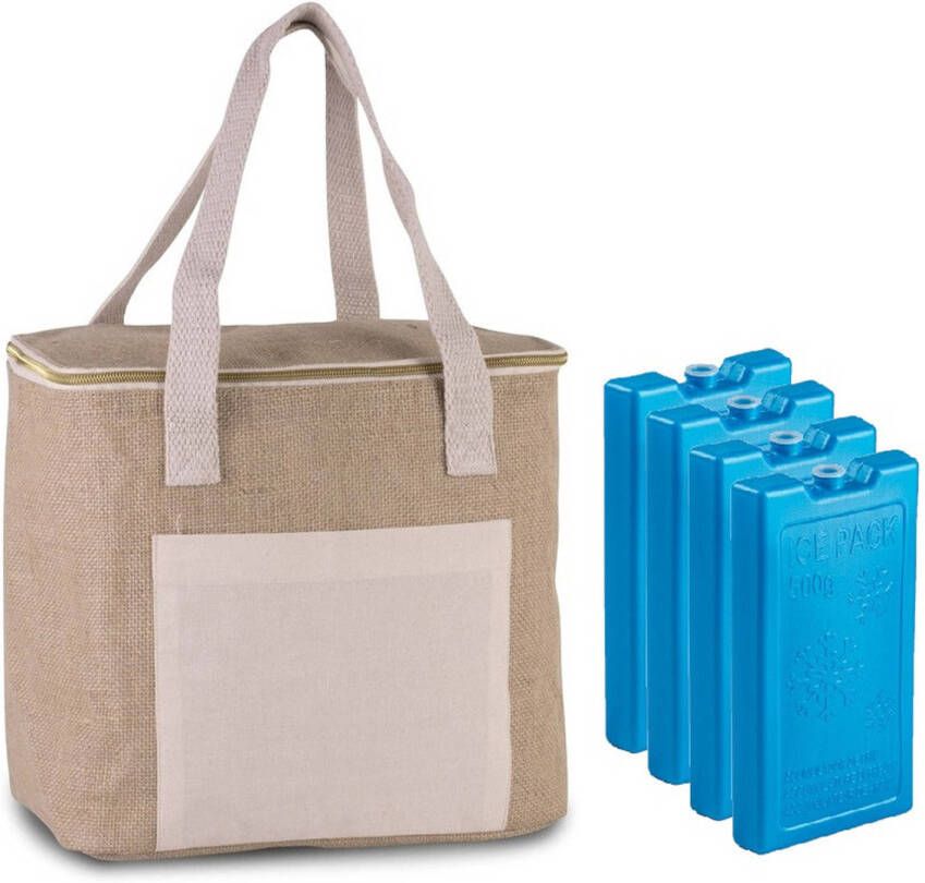 Kimood Grote Koeltas Jute/canvas 12 Liter En 28 X 25 X 17 Cm Met 4x Stuks Koelelementen Blauw Koeltas