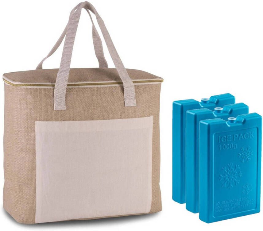 Kimood Grote Koeltas Jute/canvas 20 Liter En 38 X 32 X 16 Cm Met 3x Stuks Koelelementen Blauw Koeltas