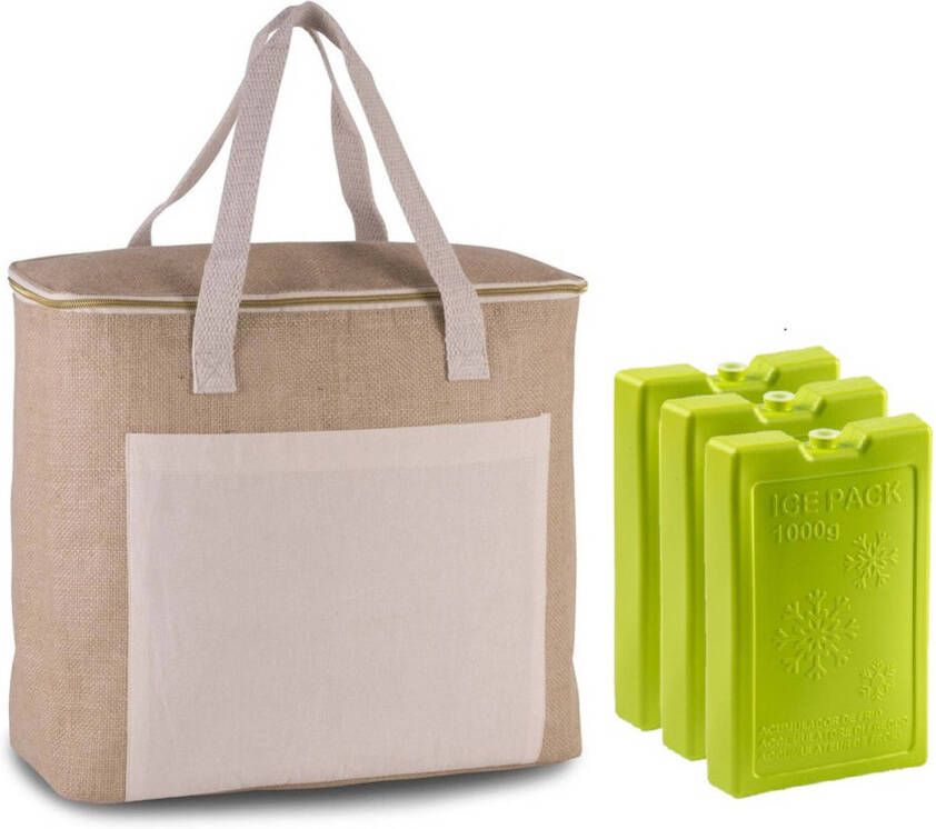 Kimood Grote Koeltas Jute/canvas 20 Liter En 38 X 32 X 16 Cm Met 3x Stuks Koelelementen Groen Koeltas