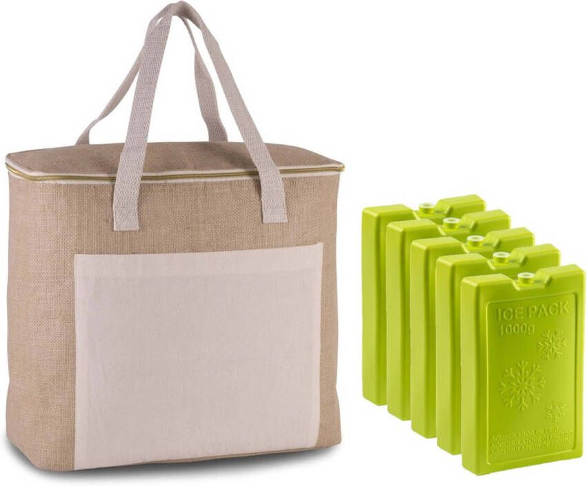 Kimood Grote Koeltas Jute/canvas 20 Liter En 38 X 32 X 16 Cm Met 5x Stuks Koelelementen Groen Koeltas