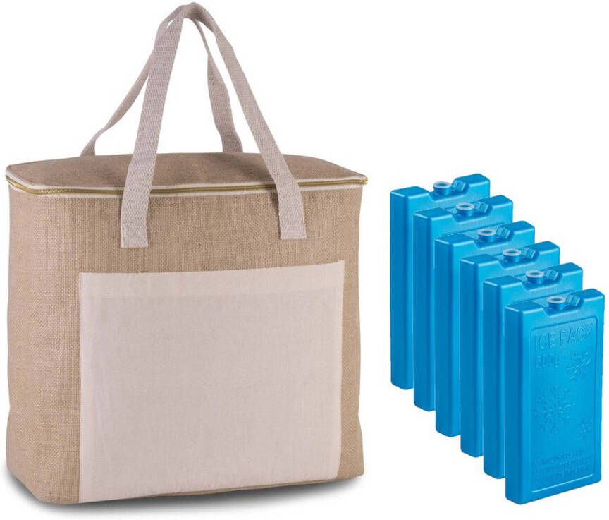 Kimood Grote Koeltas Jute/canvas 20 Liter En 38 X 32 X 16 Cm Met 6x Stuks Koelelementen Blauw Koeltas