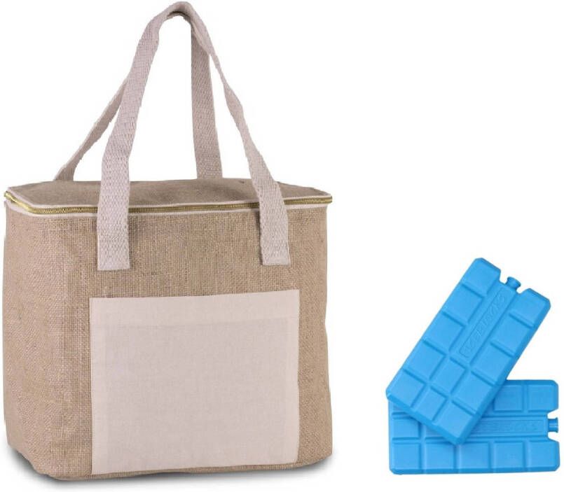 Kimood Grote Koeltas Jute/canvas Naturel 12 Liter Met 4x Stuks Koelelementen Koeltas