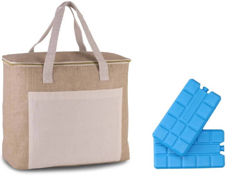 Kimood Grote Koeltas Jute/canvas Xl Naturel 20 Liter Met 6x Stuks Koelelementen Koeltas