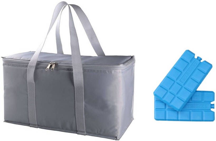 Merkloos Koeltas Van 39 X 22 X 19 Cm Zilvergrijs Met 6x Stuks Koelelementen Koeltas