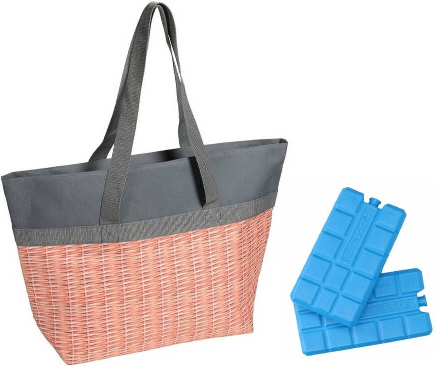 Merkloos Koeltas/strandtas Grijs Met Een Gevlochten mandmotief Met 4x Koelelementen Koeltas