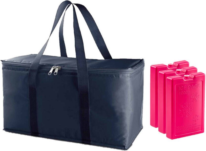 Trendoz Grote Koeltas Blauw 39 X 22 X 19 Cm Met 3x Stuks Roze Koelelementen Koeltas